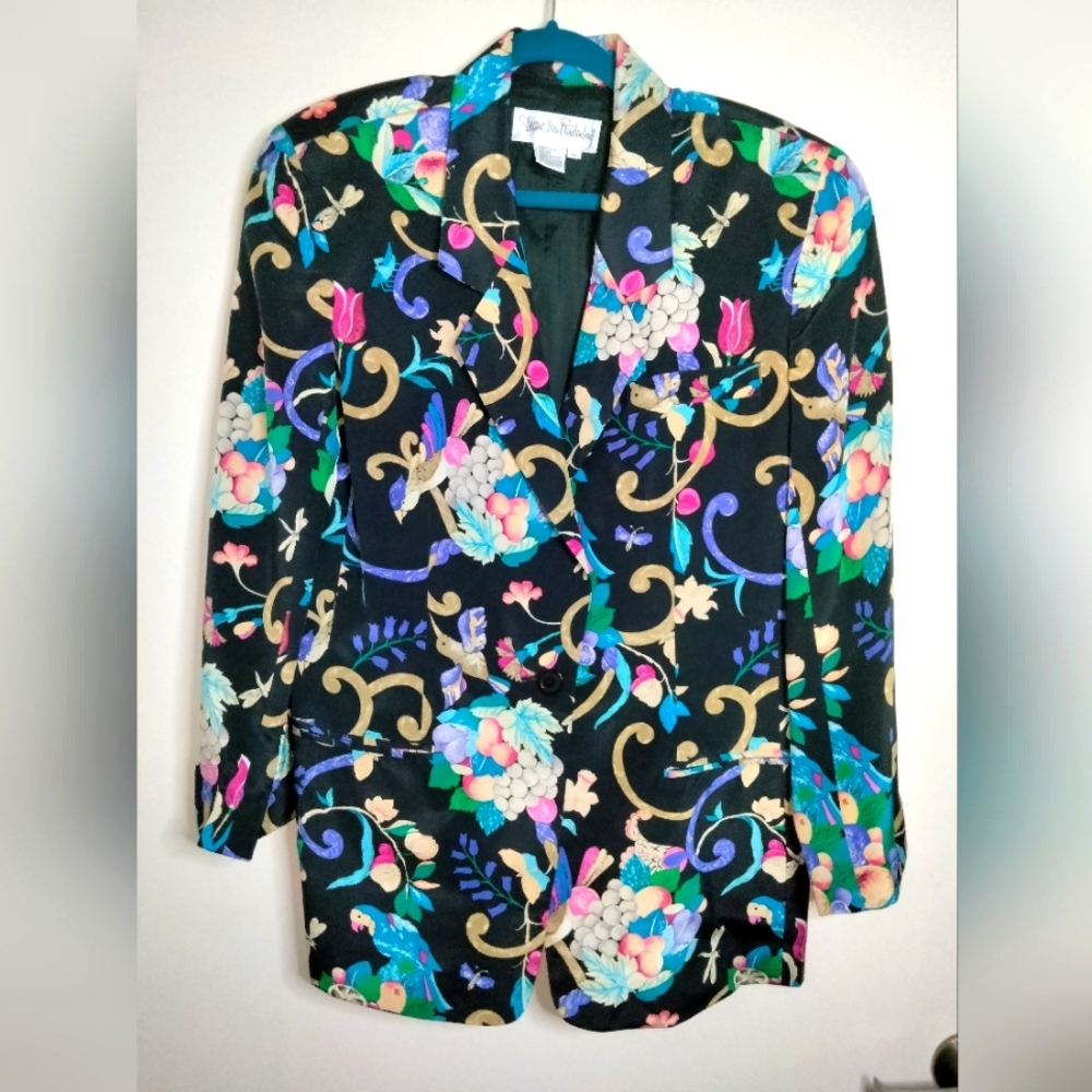 Diane Von Furstenburg (Size L) Silk Multicolored Birds & Floral LS Button Blazer